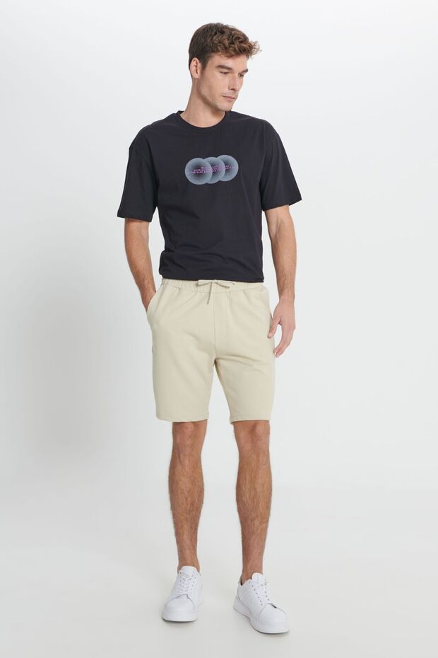Erkek Bej Standart Fit Normal Kesim Pamuklu Cepli Örme Şort - 4