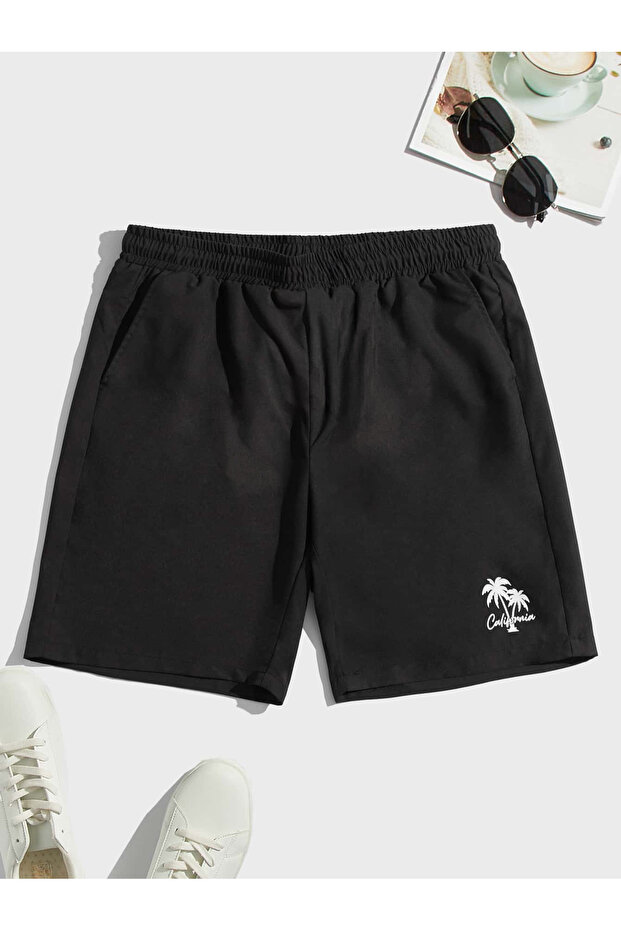 California Palm Jersey Shorts - Black Printed Pocketed