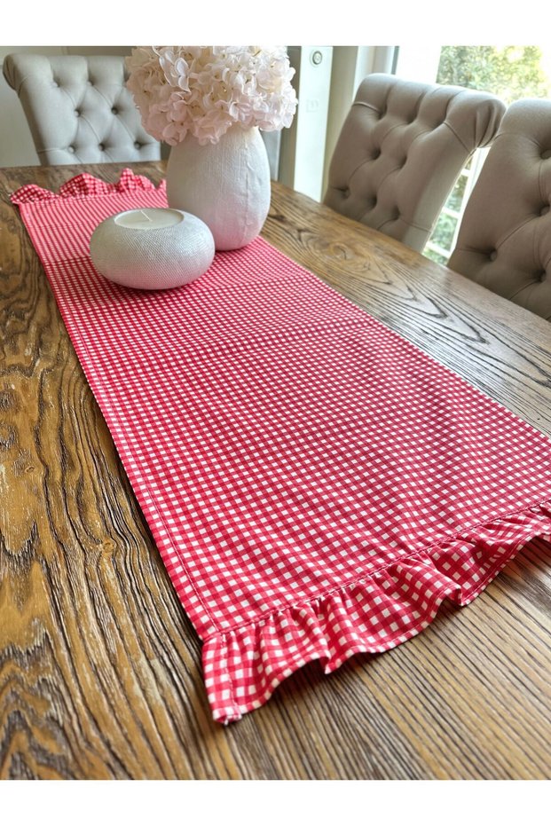 Iris Vintage Mini Gingham Stain Resistant Red Ruffled Table Runner