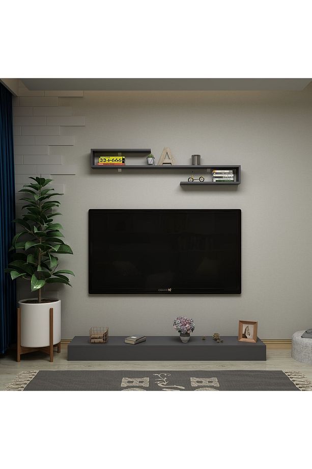 Antrasit Tv Sehpası Ve Duvar Rafı ,ava Duvar Raflı Sehpalı Dekoratif Tv Ünitesi - 2