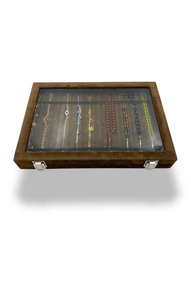 Richbox Tesbih Çantası Kolye Zincir Bileklik Kutusu Alcantara Kahve - 5