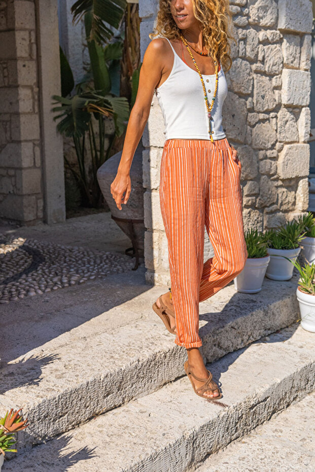 Women's Tile Double Leg Striped Textured Trousers Bst3277