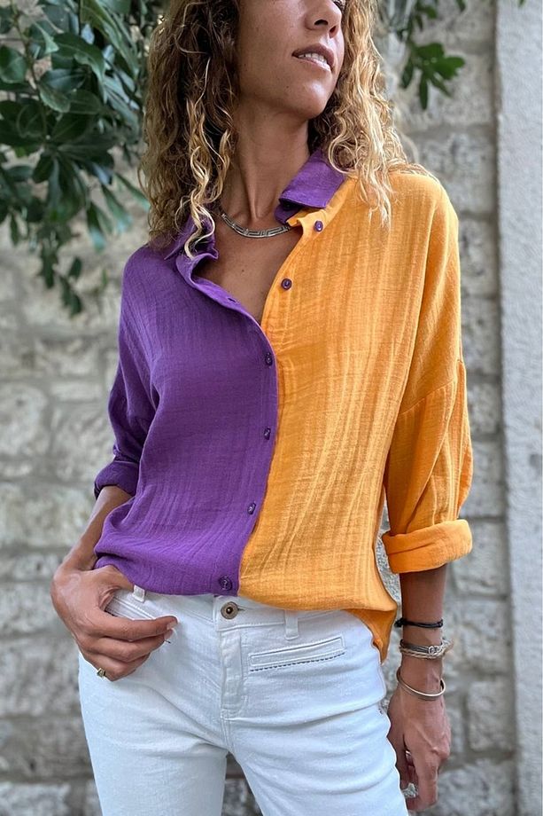 Kadın Mor-Turuncu Müslin Color Block Salaş Gömlek Bst3458 - 1