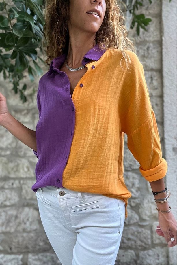 Kadın Mor-Turuncu Müslin Color Block Salaş Gömlek Bst3458 - 2