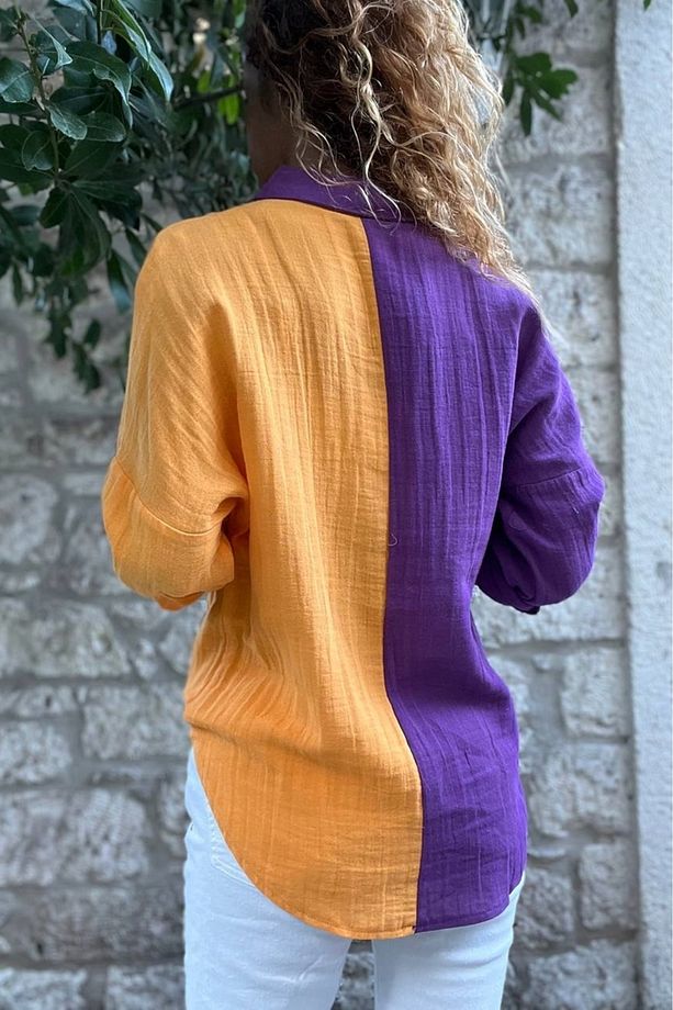 Kadın Mor-Turuncu Müslin Color Block Salaş Gömlek Bst3458 - 3