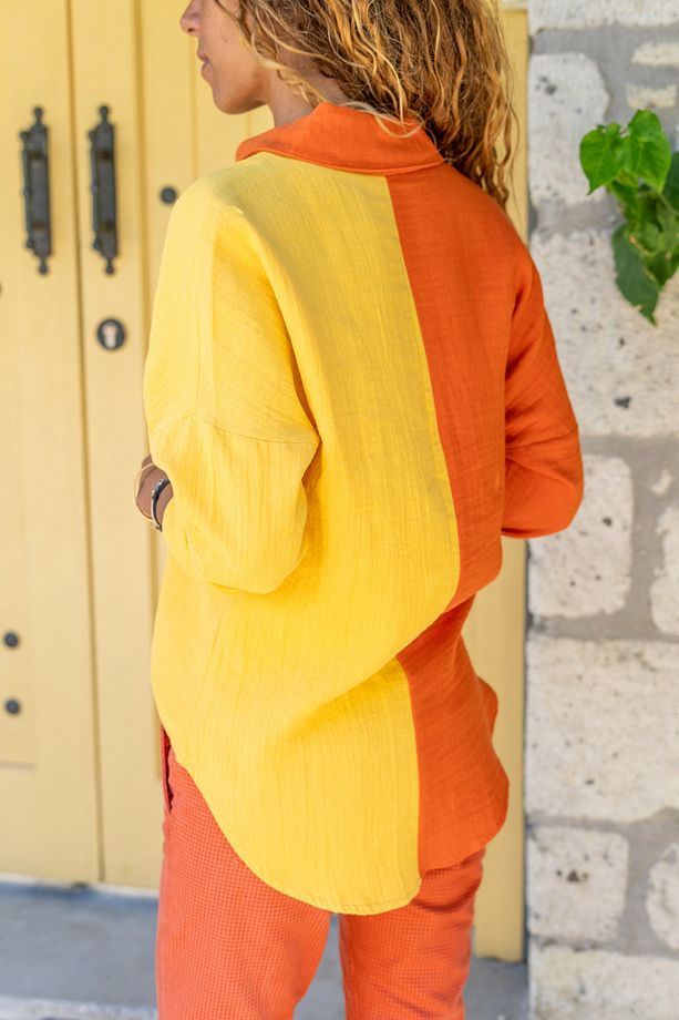 Kadın Sarı-Turuncu Müslin Color Block Salaş Gömlek Bst3458 - 2
