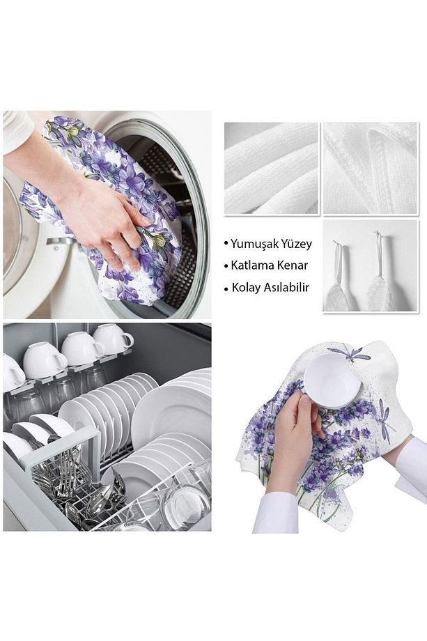 Mor Lavanta Desenli Mikrofiber Mutfak Havlusu Kurulama Bezi Su Emici El Yüz Havlusu - 4