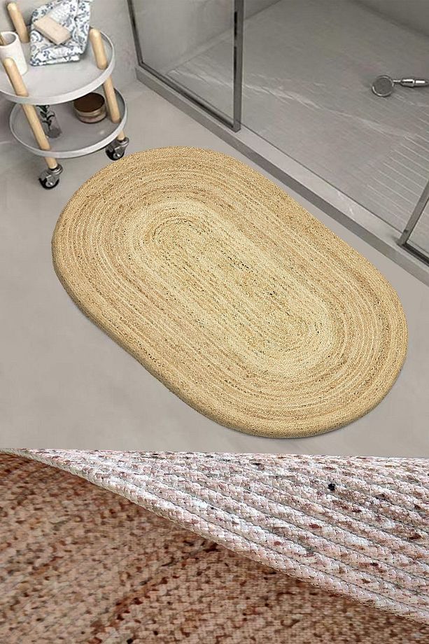 Hasır Desenli Halat Jüt Örgü Oval Banyo Halısı Klozet Duş Önü Paspası - 1