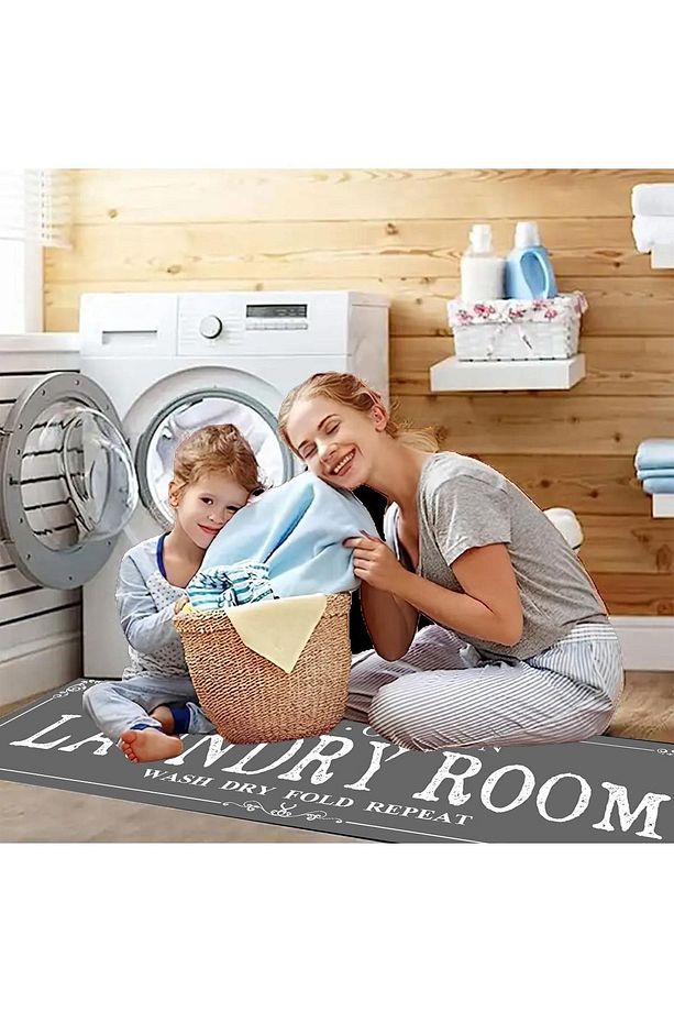 Else Gri Çamaşır Kurutma Makinesi Duş Önü Kaymaz Yıkanabilir Banyo Paspası Halısı 60x140cm - 5