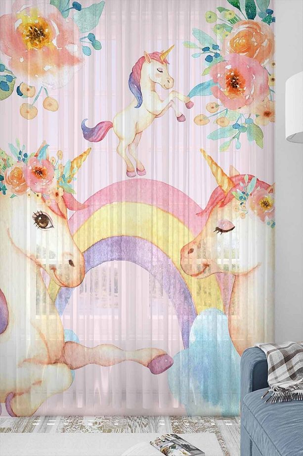 Else Unicorn Atlar Çiçekli Desenli Dekoratif Çocuk Bebek Tül Fon Perde - 1