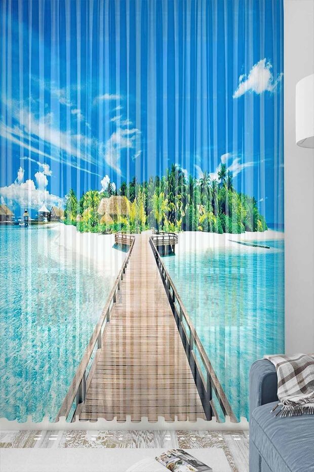 Else Mavi Deniz Köprü Desenli Dekoratif Modern 3d Tül Fon Perde - 1