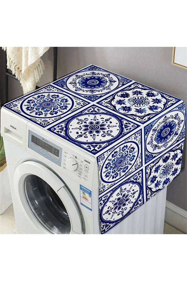 Mavi Beyaz Çini Desenli Dekoratif Bulaşık Kurutma ve Çamaşır Makinesi Örtüsü 60x140cm - 1