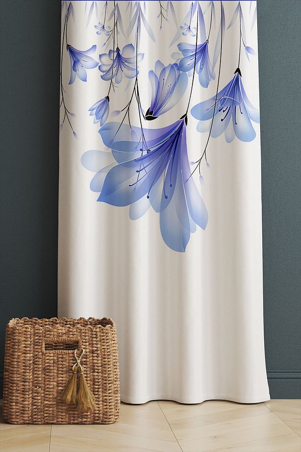 Mavi Çiçekler Desenli Baskılı Dekoratif Salon Mutfak Fon Perde 140x260cm - 1