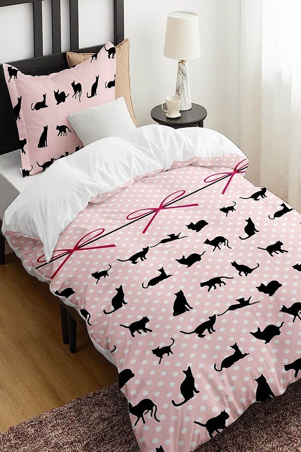 Pembe Siyah Kedi Figürlü Desenli Baskılı Pamuk Saten Çocuk ve Tek Kişilik Nevresim Takımı - 2