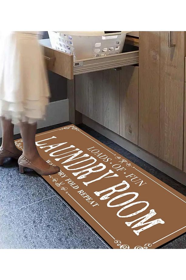 Else Kahverengi Çamaşır Kurutma Makinesi Duş Önü Kaymaz Yıkanabilir Banyo Paspası Halısı 60x140cm - 3
