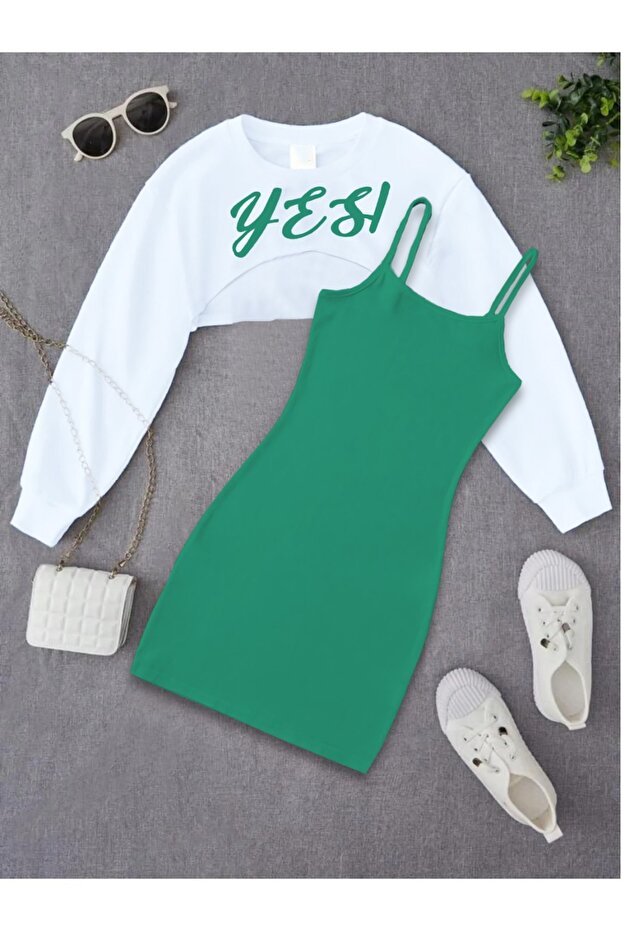 Kids Yes Printed Dress & Crop Sweatshirt 2-Piece Combination