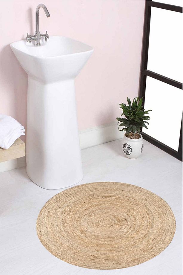 Else Naturel Desenli Halat Hasır Jüt Örgü Yuvarlak Halı Banyo Paspası 80x80cm - 1