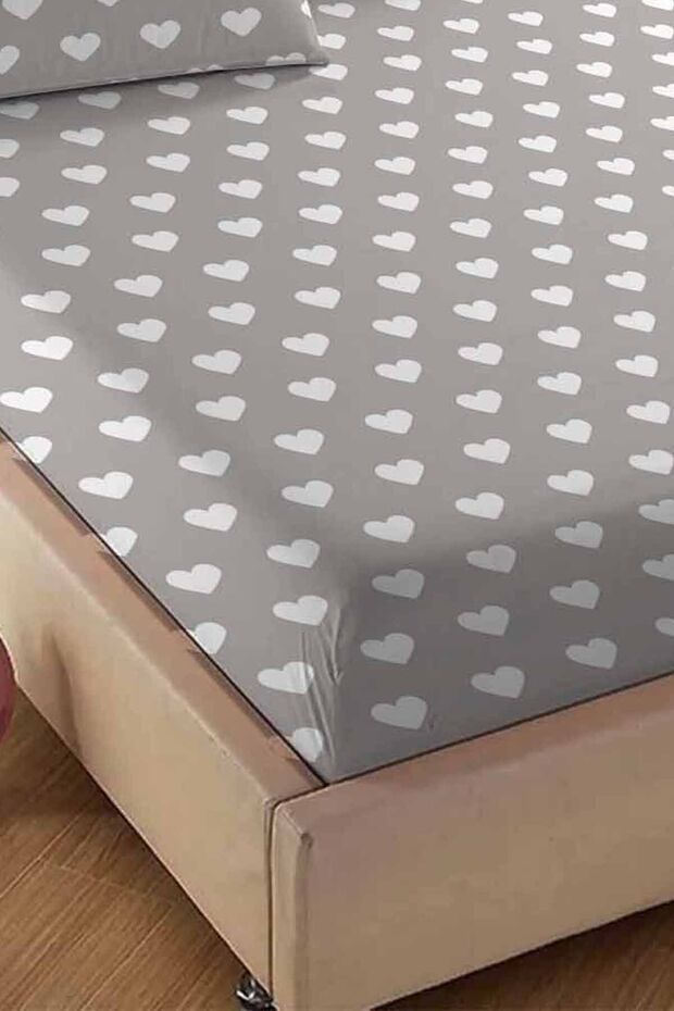 Else Gray White Heart Patterned Elastic Double Elastic Pillowed Sheet Set 160x200cm - 3