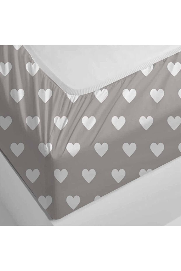Else Gray White Heart Patterned Elastic Double Elastic Pillowed Sheet Set 160x200cm - 2
