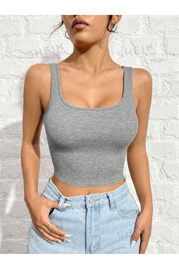 Women's Ribbed Cotton Knitted Camisole Square Neck Crop Strap Blouse Athlete Top