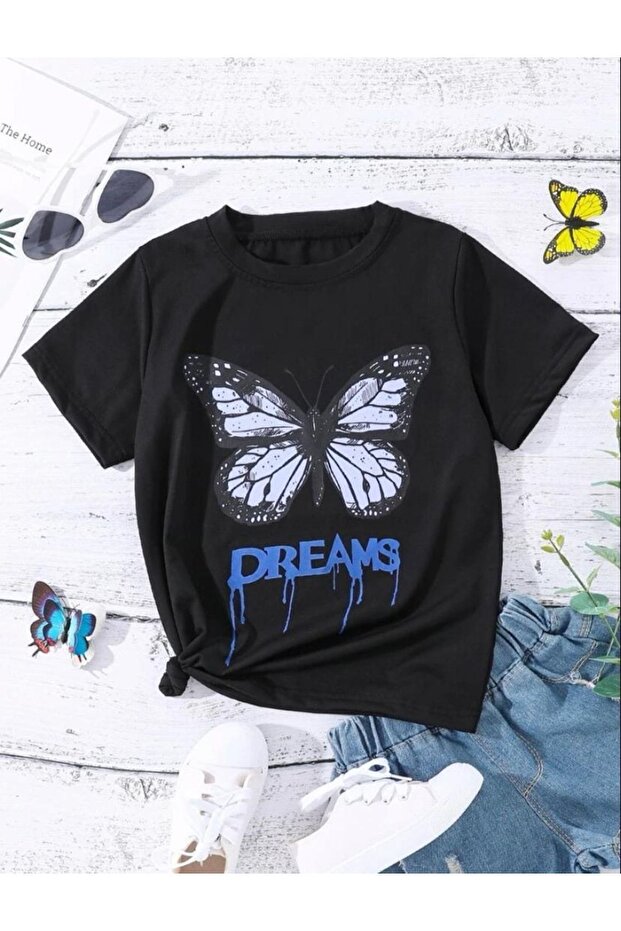 Children's Black Oversize Dreams Printed T-shirt