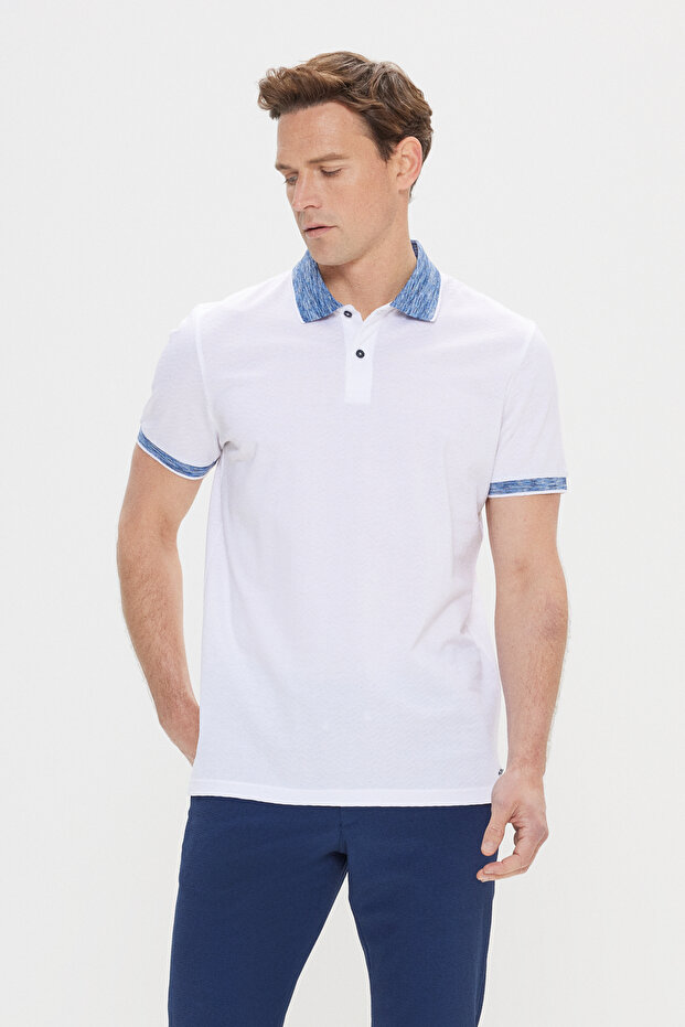 Slim Fit Dar Kesim %100 Pamuk Jakarlı Polo Yaka Beyaz-Lacivert Tişört - 1