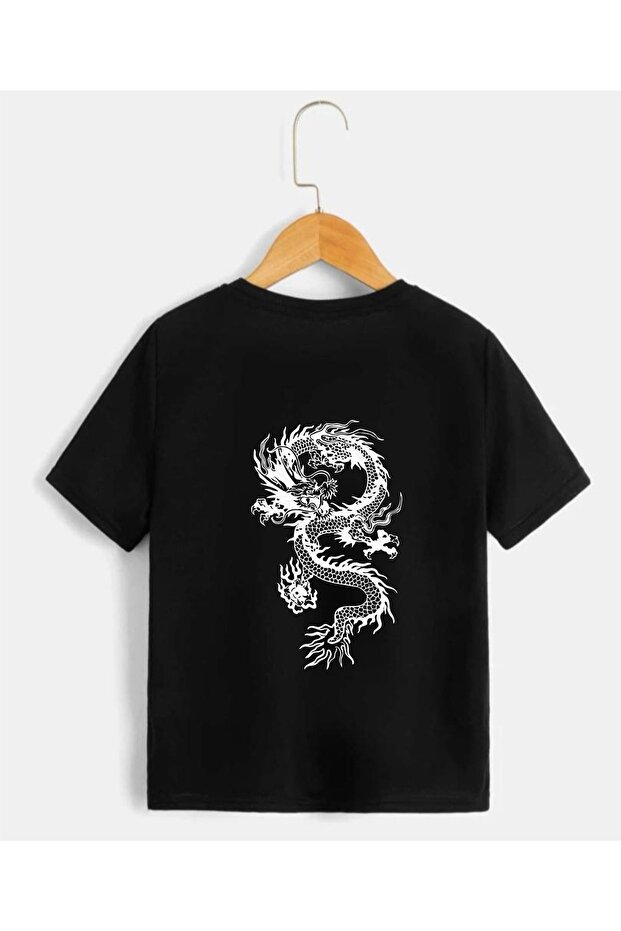 Children's Unisex Oversize Black Dragon Front-back Printed T-shirt