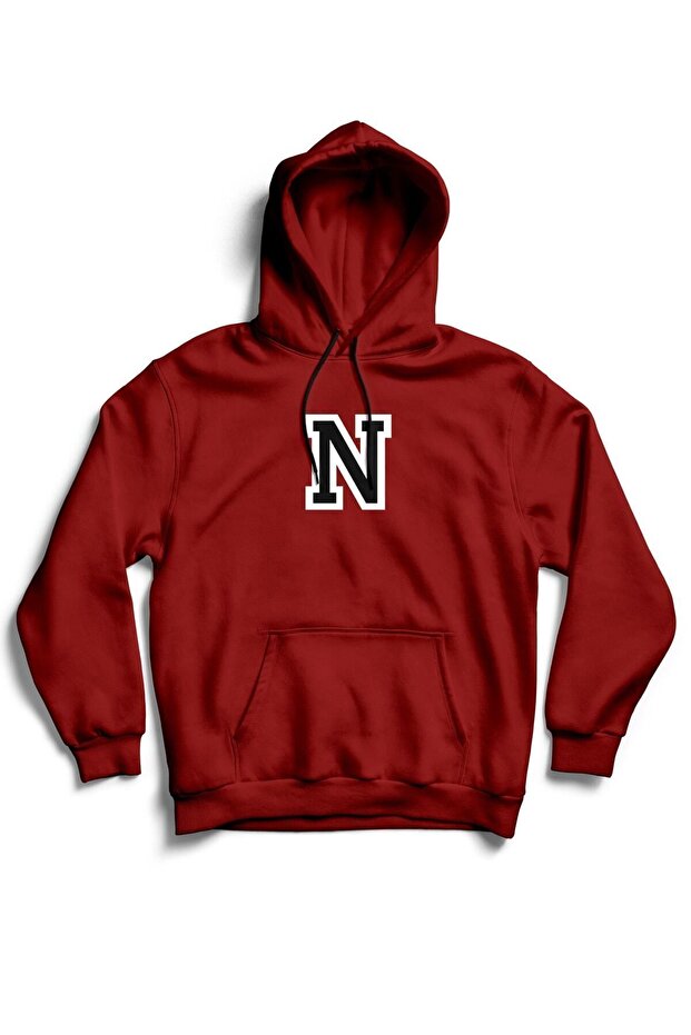 Unisex Red Letter N Printed Kangaroo Pocket Hooded 3 Thread 100% Cotton Sweatshirt