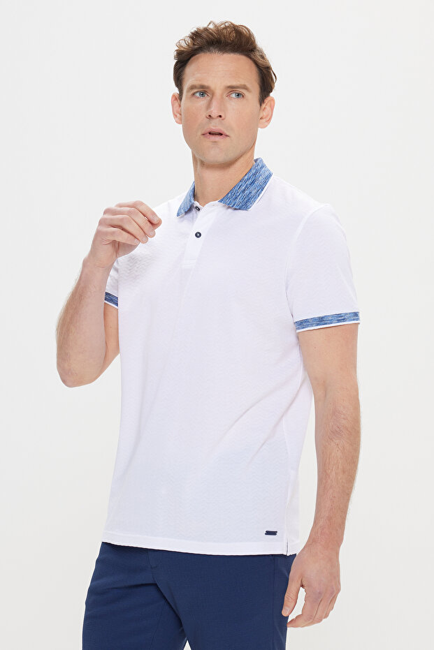 Slim Fit Dar Kesim %100 Pamuk Jakarlı Polo Yaka Beyaz-Lacivert Tişört - 3