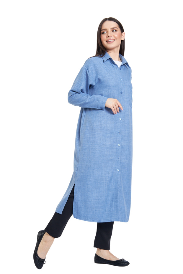 Keten Dokulu Uzun Basic Gömlek - 1