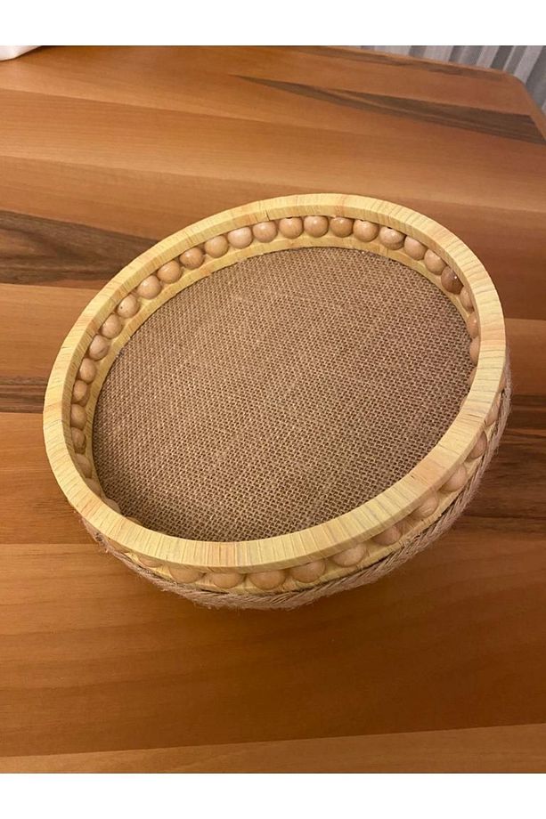Ahşap Boncuklu Hasır Tepsi Modeli 2 Li Set - 3