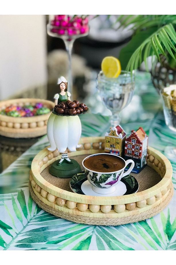 Ahşap Boncuklu Hasır Tepsi Modeli 2 Li Set - 1
