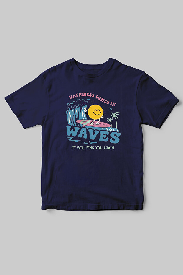 Surfing in the Sea Sun Printed Summer 100% Cotton Navy Blue T-Shirt