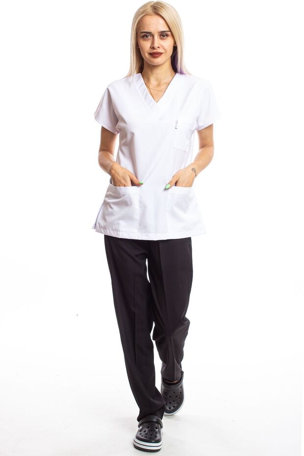 Surgical Doctor Nurse Scrubs Top White Bottom Black Jersey Suit
