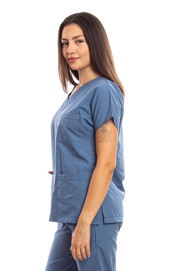 Cerrahi Doktor Hemşire Scrubs Indigo Mavisi Forma Tek Üst - 5