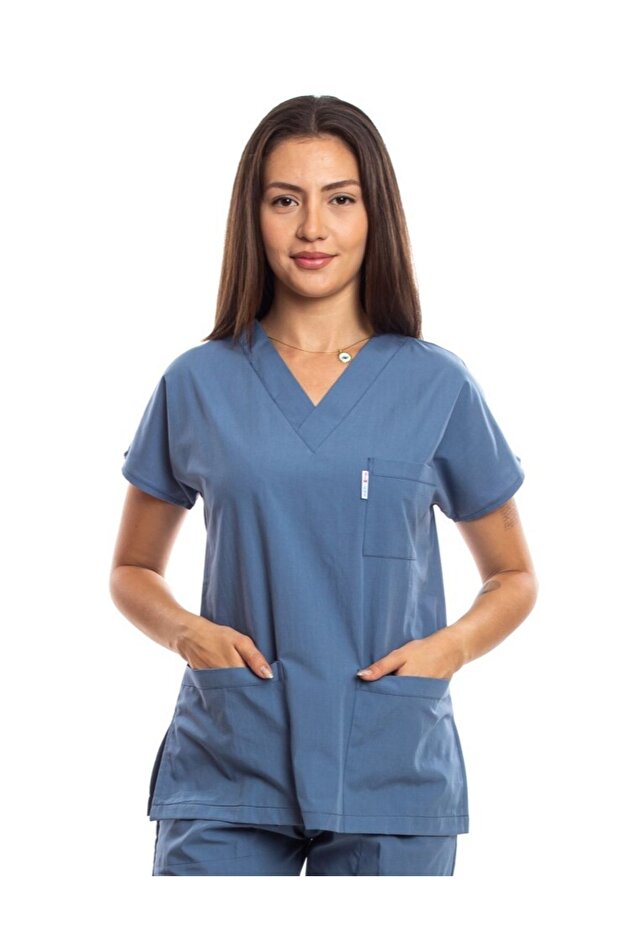 Cerrahi Doktor Hemşire Scrubs Indigo Mavisi Forma Tek Üst - 4