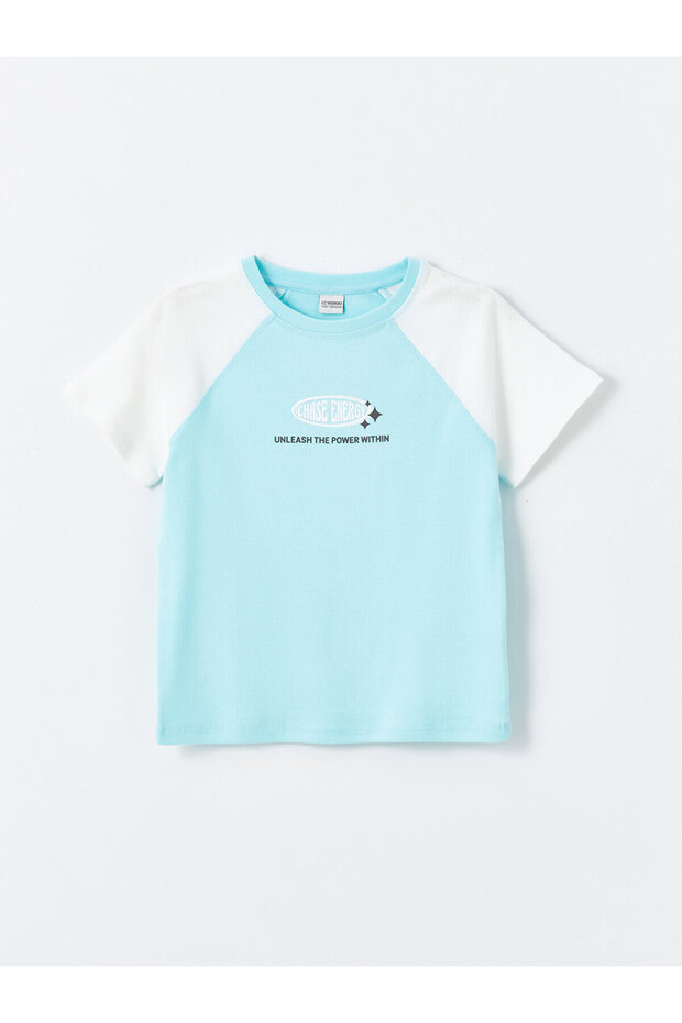 Lcw Kids Turquoise Crew Neck Printed Short Sleeve Girls' Crop T-Shirt (S4)