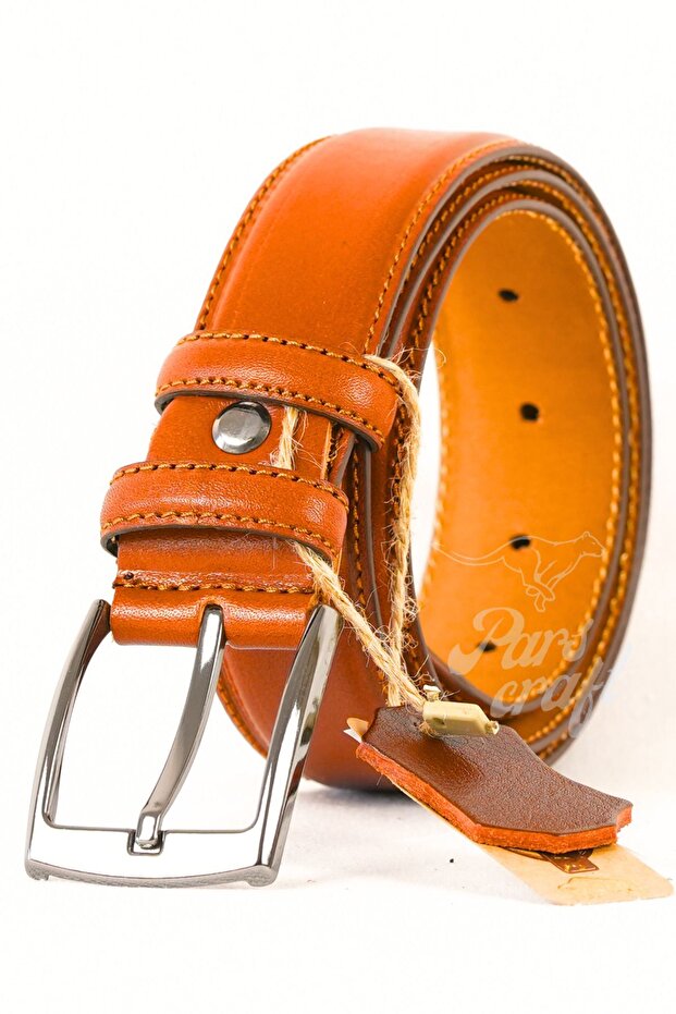 Genuine Leather Men's Belt 3.5 cm Stitched Tan Classic Fabric Trouser Belt