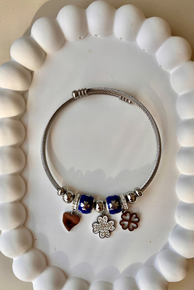 316 L Heart and Clover Dangle Steel Bracelet