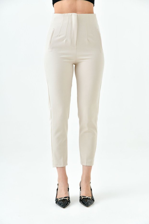 Women's Zr Model Collared High Waist Narrow Leg Women's Fabric Pants