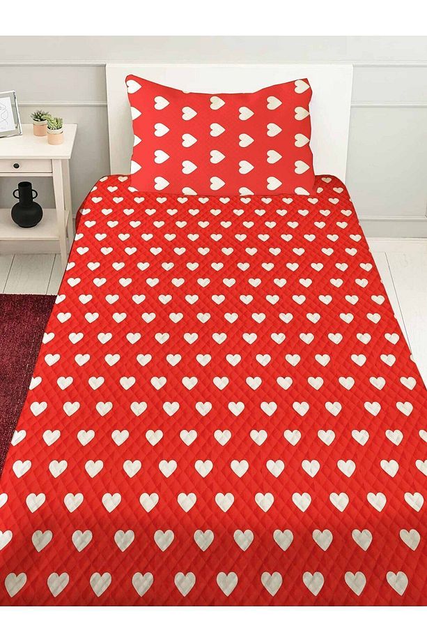 Kirmizi Kalpli Desenli Tek Kişilik Yastıklı Baskılı Yatak Örtüsü Pike Takımı 160x220cm - 2