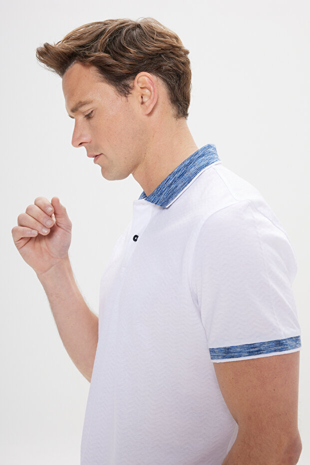 Slim Fit Dar Kesim %100 Pamuk Jakarlı Polo Yaka Beyaz-Lacivert Tişört - 4