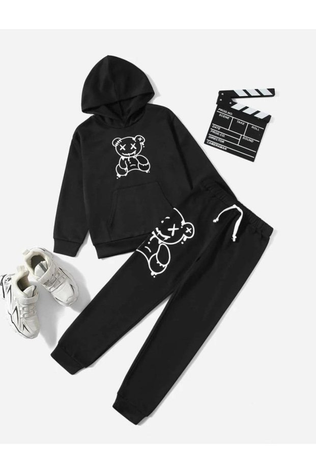 Black Girl's Teddy Bear Printed Tracksuit Set