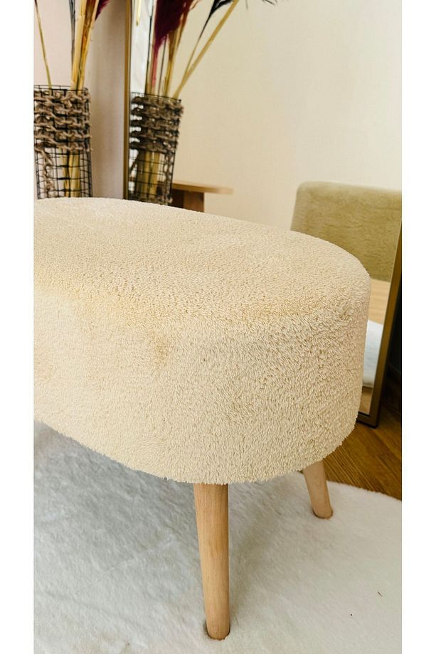 Oval Model Ahşap Ayaklı Teddy Kumaş Dekoratif Puf Bench - 5