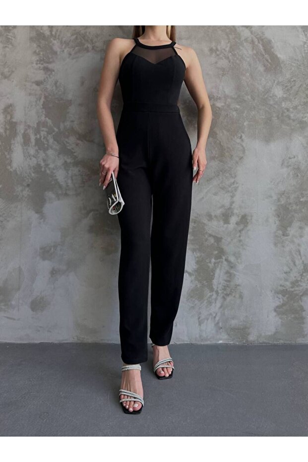 Women's Halter Neck Tulle Detailed Slim Fit Jumpsuit Black
