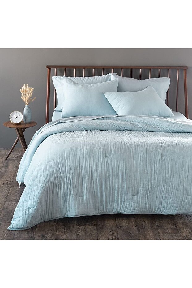Muslin Duvet Cover Set Double Size 200X220Cm 100% Organic Cotton Blue Soft Textured 4 Layers Without Sheets