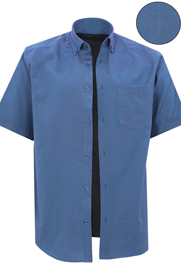 Men's Indigo Short Sleeve Classic Cut Collar Buttoned Cotton Satin Shirt