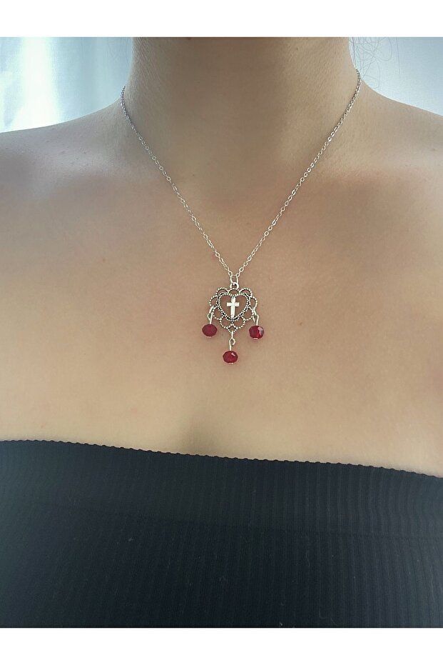 Gothic Bordo Taşlı Kalp Haç Kolye - 1