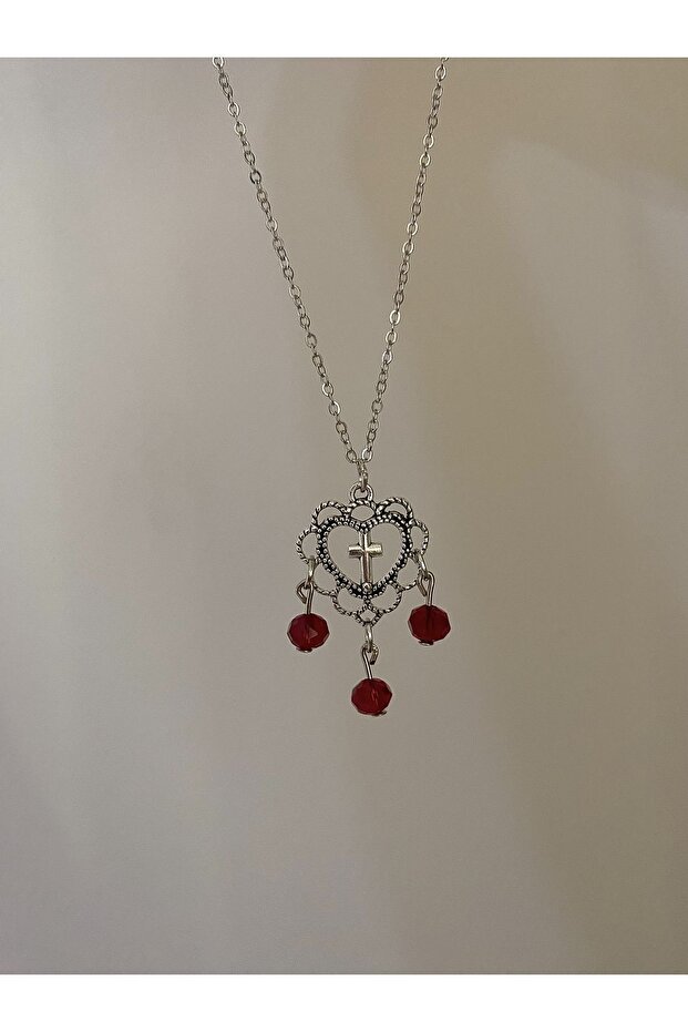 Gothic Bordo Taşlı Kalp Haç Kolye - 2
