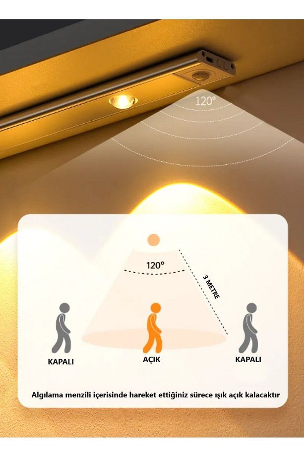 2 Adet 40cm Insan Vücudu Sensörlü Usb Sarj Taşınabilir Kablosuz Mutfak Elbise Dolabı Merdiven Led - 7